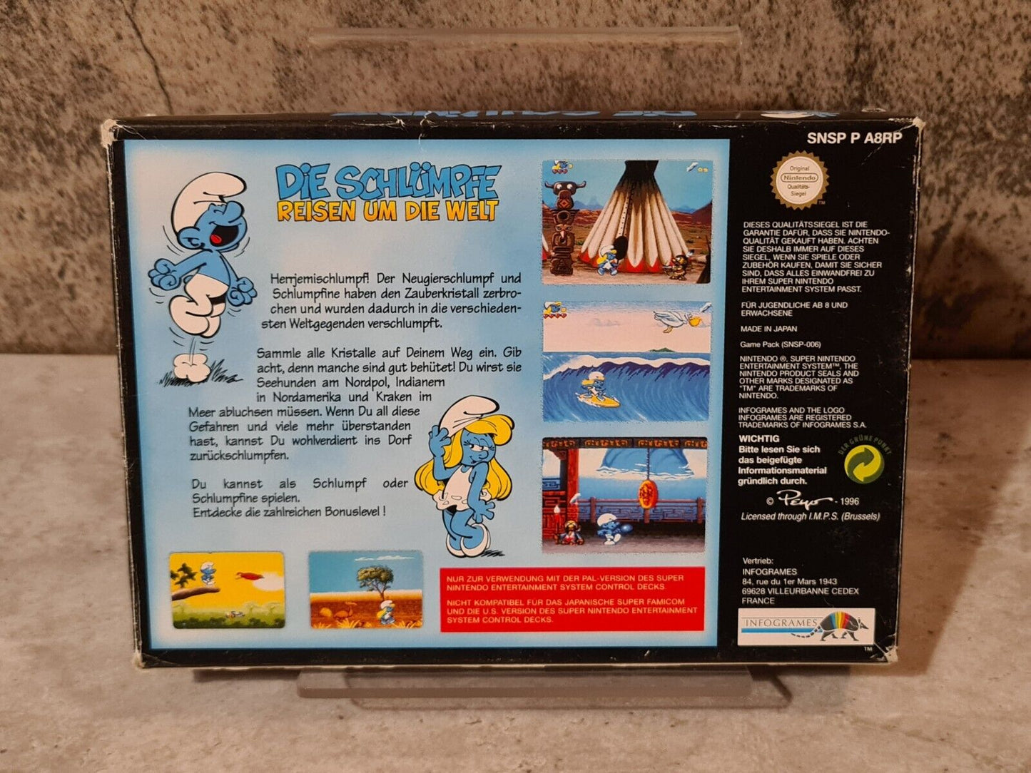 Super Nintendo Die Schlümpfe Reisen Um Die Welt mit OVP und Anleitung NOE - T-Retro-Games