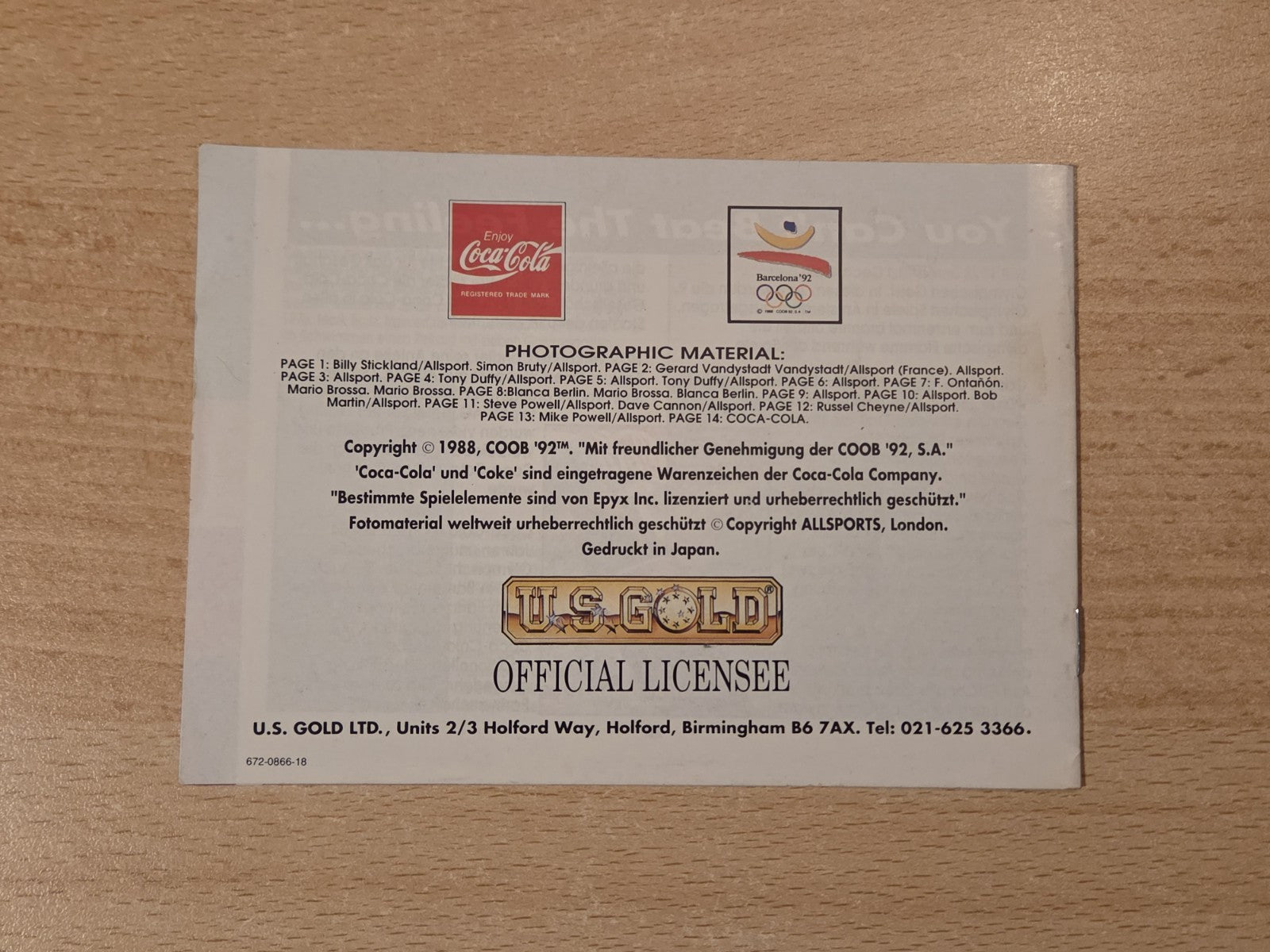 Sega Game Gear Olympic Gold  Instruction Booklet Spielanleitung