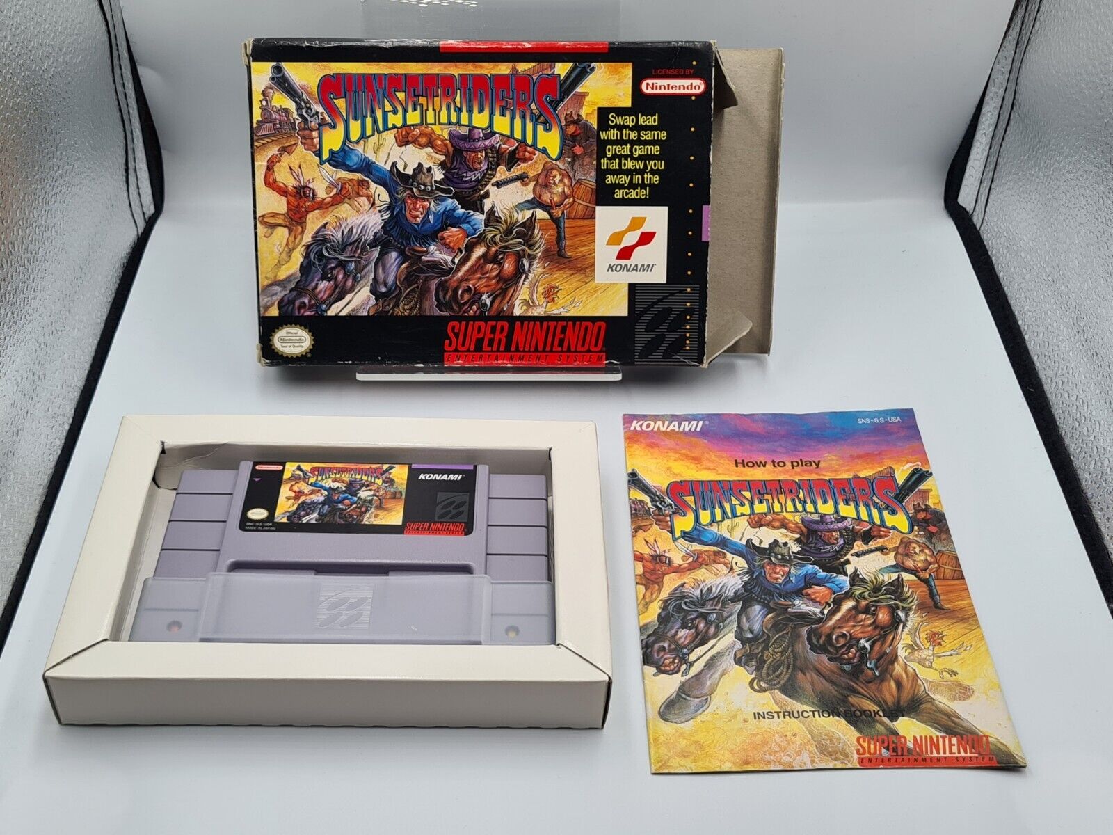 SNES Super Nintendo Sunset Riders mit OVP und Anleitung NTSC-USA - T-Retro-Games 