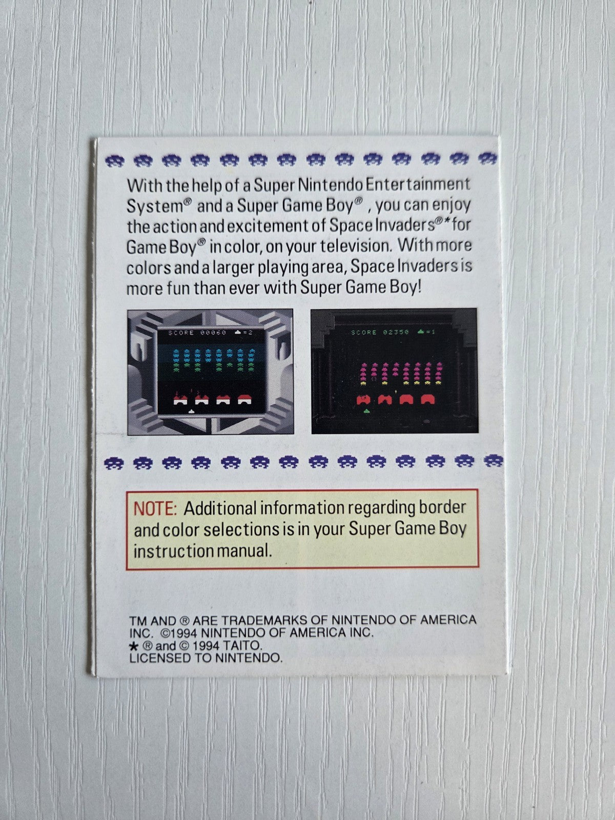 Nintendo Game Boy Classic Space Invaders Instruction Insert USA