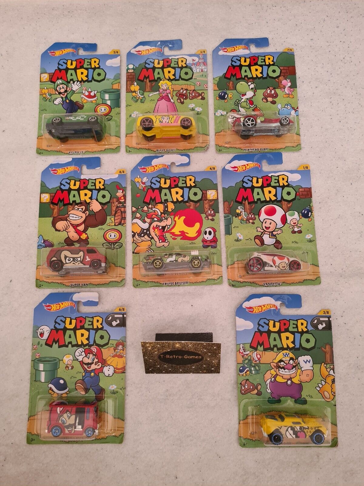 Super Mario Hot Wheels Figuren Figurine New Sealed 1-8 komplette Sammlung - T-Retro-Games 